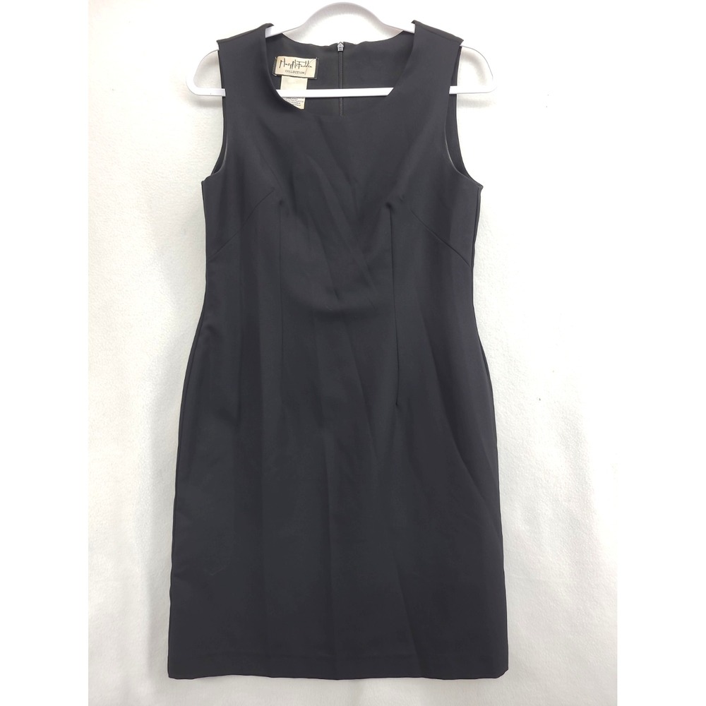 Vtg Mary McFadden Womens Sz 10 Dress Black Sheath Boat Neck Sleeveless